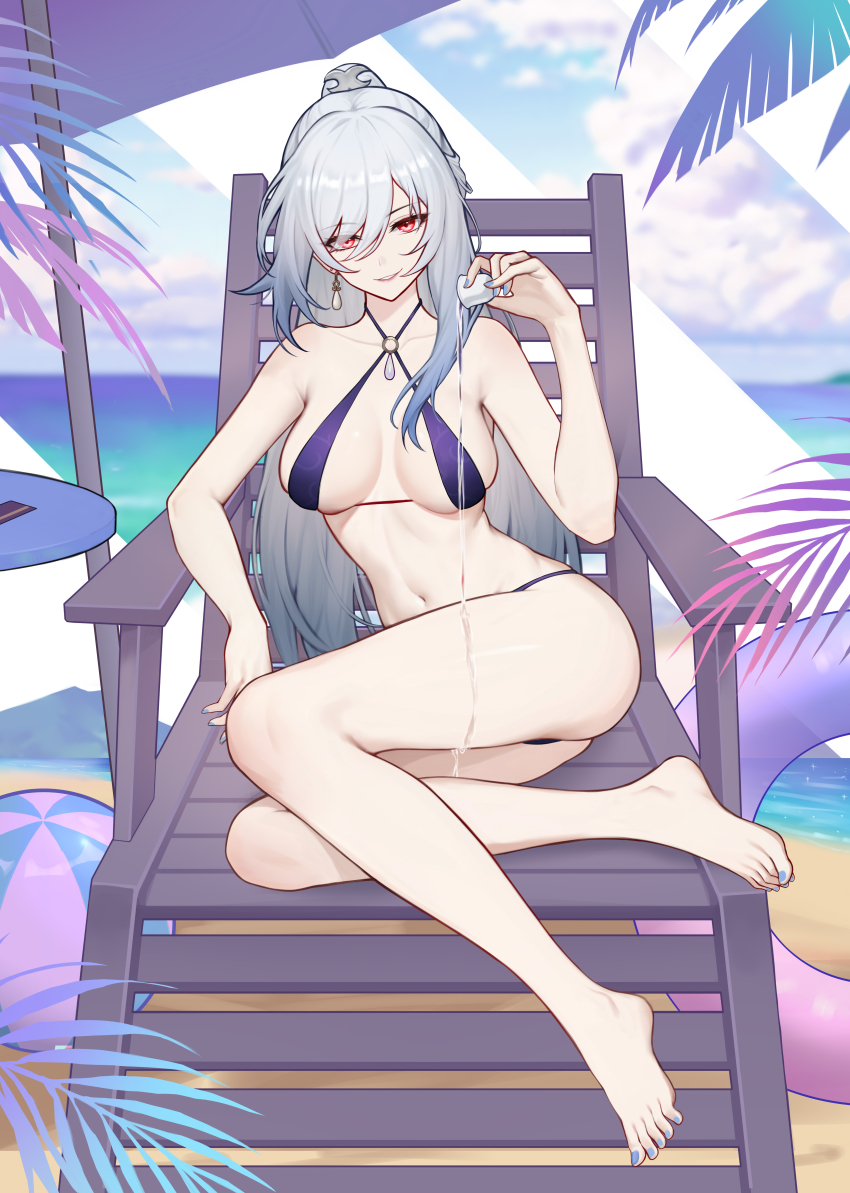 1girl absurdres ass ball barefoot beach_chair beach_umbrella beachball bikini blue_nails blue_sky breasts chinese_commentary cloud cloudy_sky collarbone commentary cup day earrings elbow_rest feet grey_hair hair_between_eyes highres holding holding_cup honkai:_star_rail honkai_(series) jewelry jingliu_(honkai:_star_rail) large_breasts large_variant_set legs long_hair looking_at_viewer nail_polish navel outdoors paid_reward_available parted_lips pouring pouring_onto_self purple_bikini red_eyes sakazuki sitting sky smirk solo stomach swim_ring swimsuit thighs toenail_polish toenails toes umbrella variant_set very_long_hair yunkaiming