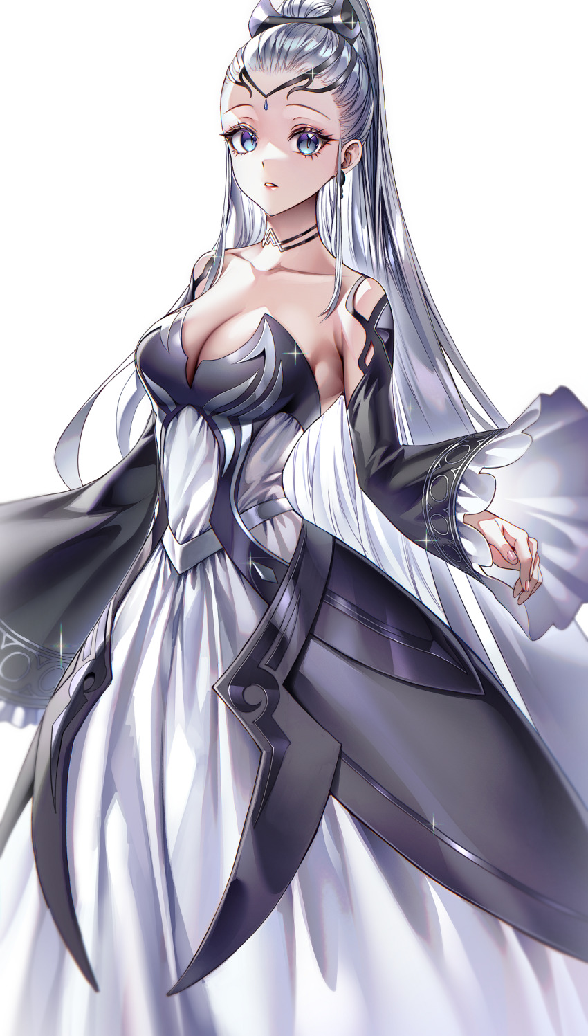 1girl black_choker black_dress black_tiara blue_eyes breasts choker cleavage collarbone commission commissioner_upload dark_jewel_(gem_oblivion) dress earrings eir_(fire_emblem) fire_emblem fire_emblem_heroes frilled_sleeves frills highres jewelry large_breasts long_hair long_sleeves nintendo pixiv_commission ponytail sidelocks tiara white_dress white_hair