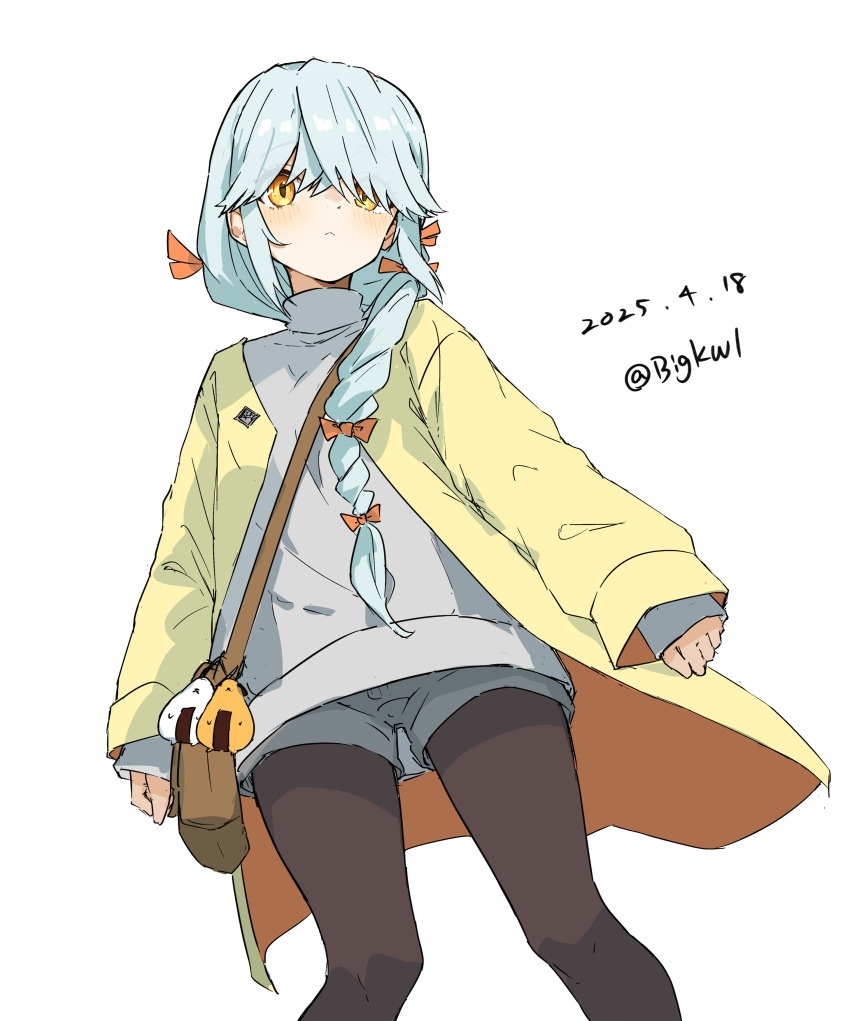 1girl absurdres ahoge alternate_costume bag bigkwl black_pantyhose braid brown_eyes coat dated feet_out_of_frame food grey_hair grey_shorts grey_sweater hair_over_eyes hamanami_(kancolle) handbag highres kantai_collection long_hair one-hour_drawing_challenge onigiri pantyhose shorts simple_background single_braid solo sweater white_background yellow_coat