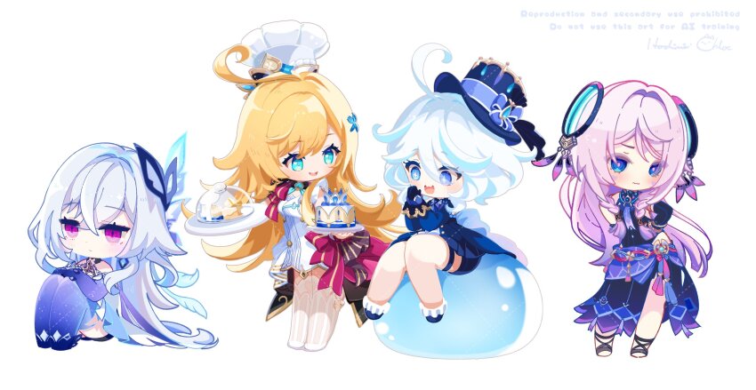+_+ 4girls ahoge bare_shoulders black_leotard blonde_hair blue_eyes blue_gloves blue_hair blue_hat blue_jacket blue_thighhighs blush chef_hat chibi chibi_only citlali_(genshin_impact) closed_mouth commentary_request dress elbow_gloves escoffier_(genshin_impact) facial_mark floating_headgear forehead_mark furina_(genshin_impact) genshin_impact gloves hair_between_eyes hat headgear heart heart_in_eye highres holding holding_tray hoshiusagi_no_chloe jacket leotard long_hair long_sleeves looking_at_another multicolored_hair multiple_girls open_mouth own_hands_together pink_hair pink_pupils purple_eyes purple_hair signature sitting skirk_(genshin_impact) standing streaked_hair striped_clothes striped_thighhighs symbol_in_eye thighhighs tray triangle triangle_facial_mark vertical-striped_clothes vertical-striped_thighhighs very_long_hair wavy_mouth white_dress white_hair white_hat white_thighhighs
