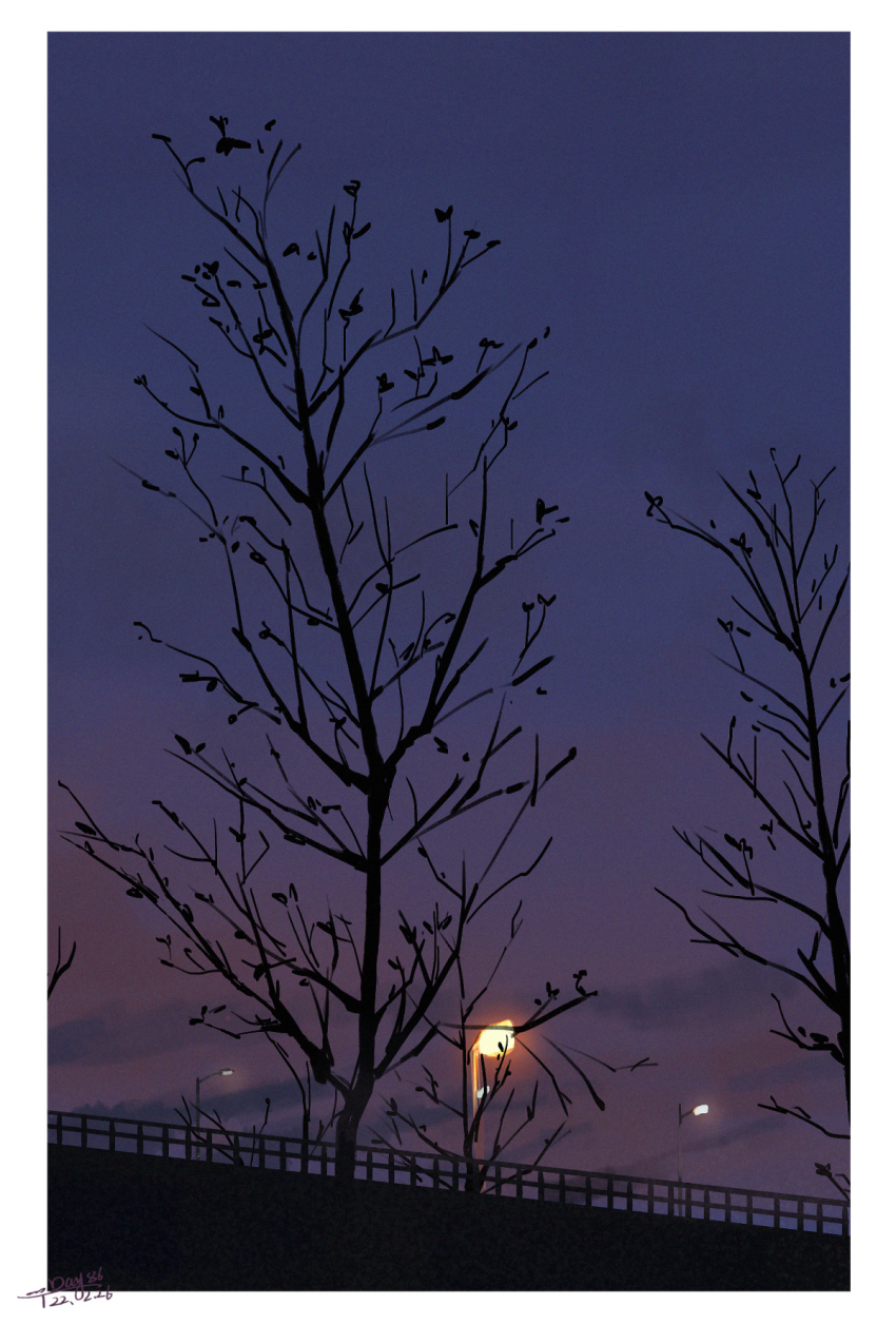 bare_tree blue_sky border chinese_commentary cloud commentary_request dated dusk gradient_sky highres lamppost leaf no_humans one-hour_drawing_challenge original outdoors railing sanshui_guantang scenery signature sky tree white_border