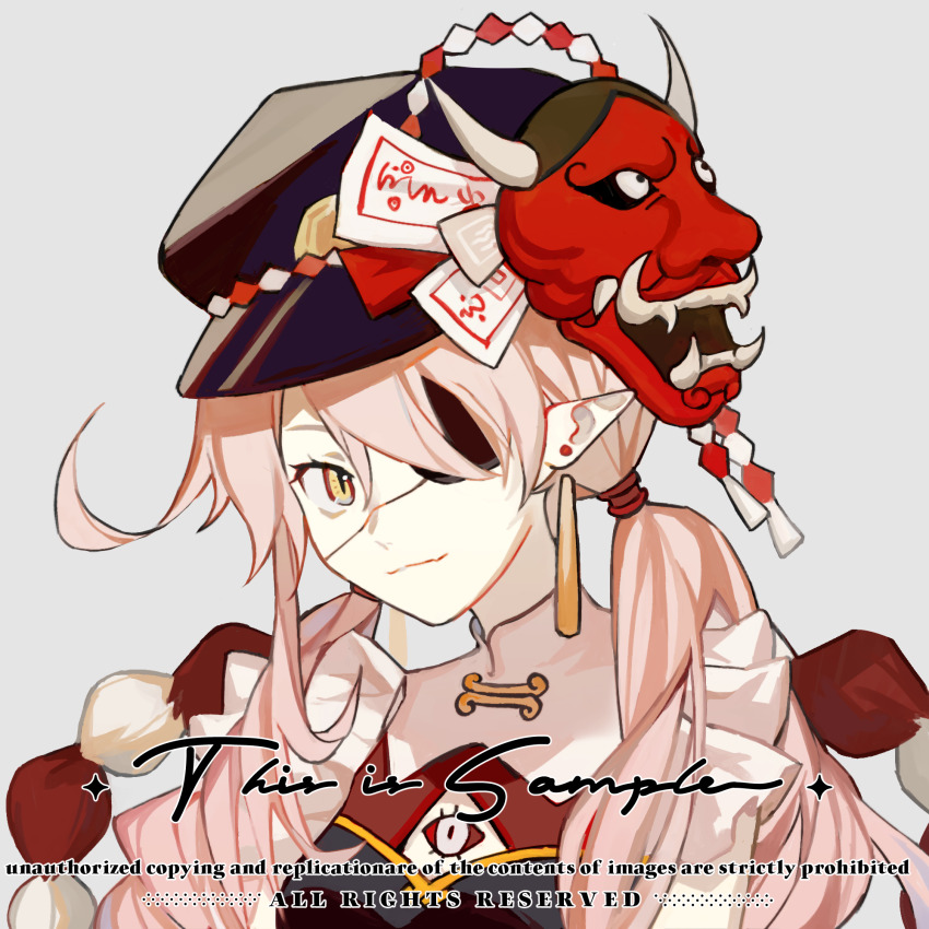 1girl black_hat chinese_commentary chuanhua closed_mouth commentary_request commission earrings eyepatch grey_background hat highres jewelry long_hair mask mask_on_head oni_mask original peaked_cap pink_hair pointy_ears portrait rope shimenawa slit_pupils smile solo yellow_eyes