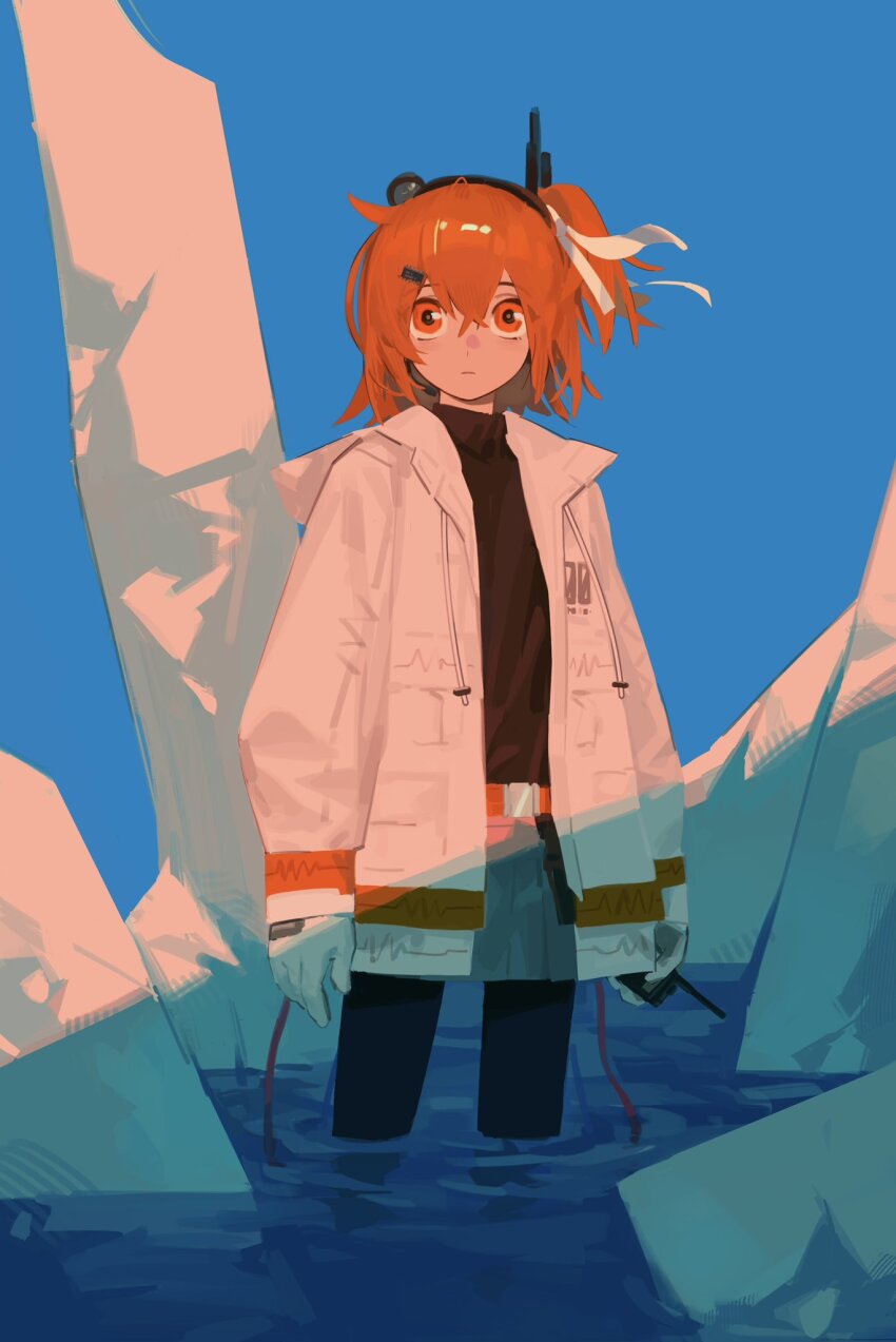 1girl a.i._voice adachi_rei belt black_pantyhose black_sweater closed_mouth crossed_bangs curantohashdash gloves grey_skirt hair_between_eyes hair_ribbon headlamp highres jacket long_sleeves looking_at_viewer one_side_up open_clothes open_jacket pantyhose red_eyes red_hair ribbon skirt solo standing sweater utau wading water white_jacket white_ribbon