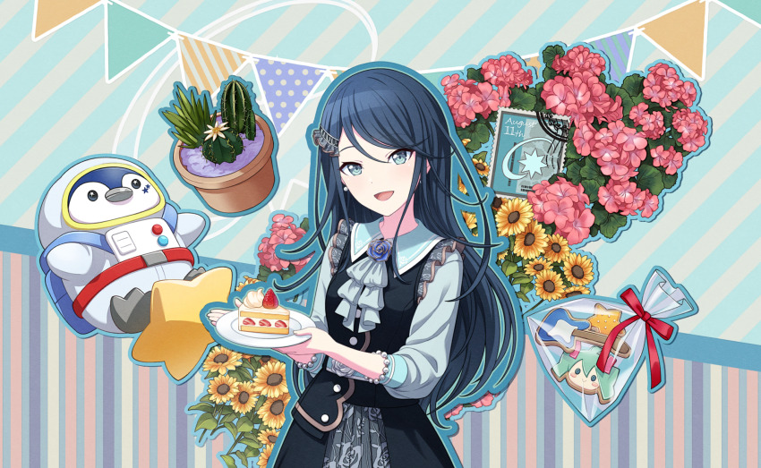 1girl :&gt; aqua_belt aqua_hair aqua_outline aqua_sleeve_cuffs asymmetrical_clothes asymmetrical_dress bag bead_bracelet beads belt black_dress black_hair blue_flower blue_outline blue_rose blush_stickers bracelet brooch buttons cactus cake cake_slice character-themed_food collared_shirt colorful_palette cookie dated diagonal-striped_background dot_nose double-breasted dress earrings electric_guitar floral_print floral_print_collar floral_print_dress flower flower_brooch flower_pot food frilled_dress frills fruit gold_trim grey_eyes grey_ribbon grey_shirt guitar guitar-shaped_cookie hair_ornament hairclip hands_up hatsune_miku highres holding holding_plate hoshino_ichika_(project_sekai) instrument jewelry leaf light_smile long_dress long_hair long_sleeves looking_at_viewer neck_ribbon official_alternate_costume official_art open_mouth outline pearl_earrings pennant phenny_(project_sekai) pink_flower plastic_bag plate plumeria postage_stamp project_sekai puffy_long_sleeves puffy_sleeves red_ribbon ribbon rose rose_print shirt shirt_under_dress silver_trim sleeve_cuffs soil solid_circle_eyes solo spacesuit star-shaped_cookie star-shaped_food star_(symbol) straight_hair strawberry strawberry_shortcake string_of_flags striped_background stuffed_animal stuffed_phoenix stuffed_toy sunflower swept_bangs third-party_source tsurime twintails whipped_cream white_flower wing_collar yellow_flower