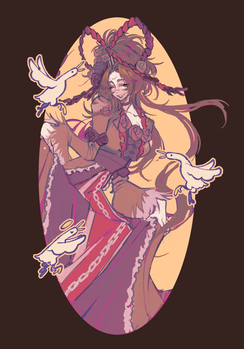 1girl bird brown_background brown_dress brown_hair chain choker closed_eyes dress dress_ribbon flourrin flower frilled_sleeves frills goose highres indicant&#039;s_trial_(e.g.o) limbus_company long_hair long_sleeves looking_at_viewer open_mouth project_moon red_choker rodion_(project_moon) rose simple_background solo standing updo upper_body