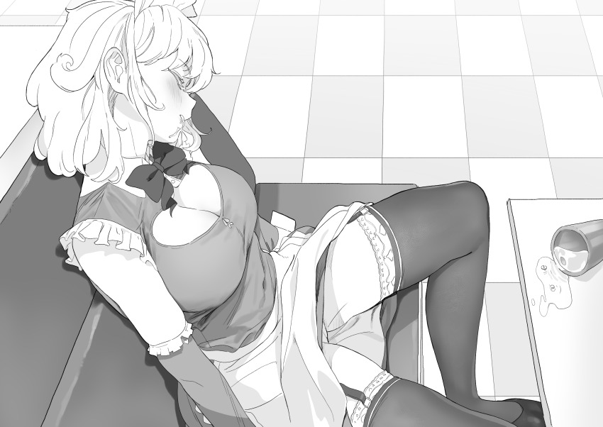 1girl apron blush bow cleavage_cutout clothes_lift clothing_cutout cup dorontabi drugged elbow_gloves gloves highres maid maid_headdress monochrome original panties pill short_hair sitting skirt skirt_lift sleeping sleeveless solo spilling spread_legs thighhighs tile_floor tiles underwear