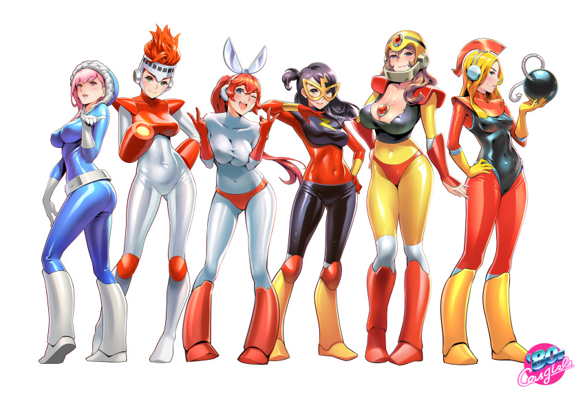 &gt;:) 6+girls ;d absurdres arm_at_side arm_cannon arm_guards arm_up armor ass belt belt_skirt black_hair black_leotard blonde_hair blue_bodysuit blue_eyes blush bodysuit bomb bomb_man boots breasts breasts_squeezed_together brown_eyes brown_hair character_name chromatic_aberration cleavage closed_mouth collarbone contrapposto copyright_name covered_erect_nipples covered_navel cowboy_shot cut_man double_v elbow_gloves elec_man explosive fire_man forehead from_side full_body fur_trim genderswap genderswap_(mtf) gloves gluteal_fold green_eyes grey_bodysuit grey_gloves guts_man hair_between_eyes hand_on_own_hip hand_up hands_up head_tilt headgear helmet highres holding holding_weapon hood hood_up ice_man jewelry knee_boots knee_pads large_breasts leaning_forward legs_apart lensless_glasses leotard light_smile lightning_bolt_symbol lips long_hair looking_at_viewer looking_to_the_side mask medium_breasts mega_man_(classic) mega_man_(series) mega_man_1 multiple_girls necklace one3four! one_eye_closed one_side_up open_mouth orange_bodysuit parted_lips pendant pigeon-toed pink_hair ponytail profile red_eyes red_footwear red_gloves red_hair round_teeth shiny_clothes short_hair shoulder_pads simple_background skin_tight small_breasts smile standing stats striped_background swept_bangs tareme taut_clothes teeth upper_teeth_only v v-shaped_eyebrows weapon white_background white_footwear yellow-framed_eyewear yellow_boots yellow_gloves