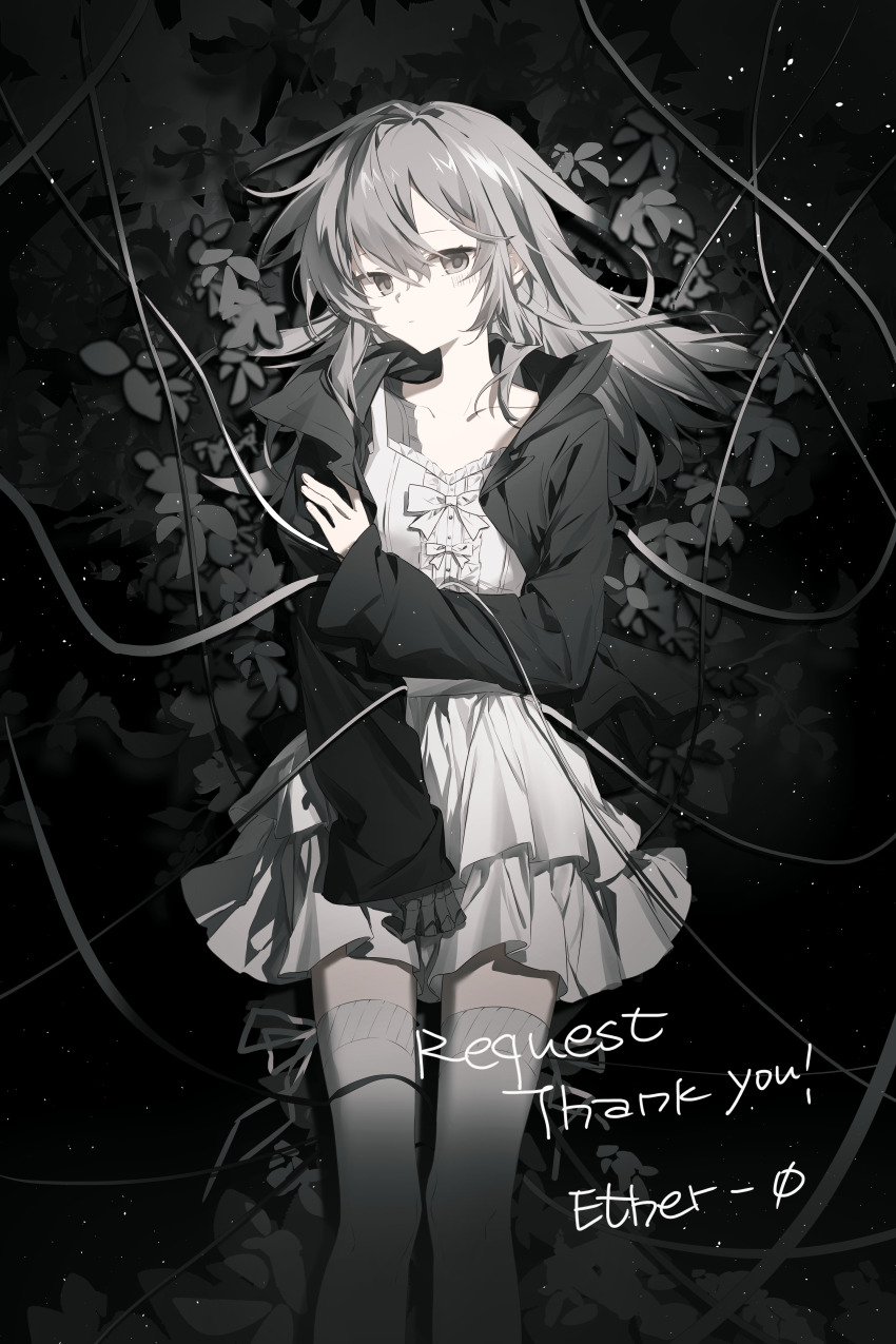 1girl absurdres barcode barcode_tattoo black_jacket cable chinese_commentary closed_mouth collarbone commentary_request commission dress facial_tattoo feet_out_of_frame grey_eyes grey_hair grey_theme hair_between_eyes highres holding_own_arm jacket leaf long_hair long_sleeves looking_at_viewer maboroshi_(freeze000) mechanical_arms open_clothes open_jacket original plant short_dress single_mechanical_arm solo standing sundress tattoo thank_you thighhighs white_dress white_thighhighs