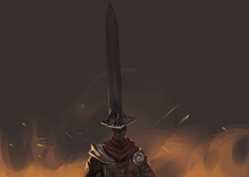1boy abyss_watcher brown_background cape dark_souls_(series) dark_souls_iii dokomon embers facing_viewer fire helm helmet highres oversized_hat red_cape shoulder_plates solo