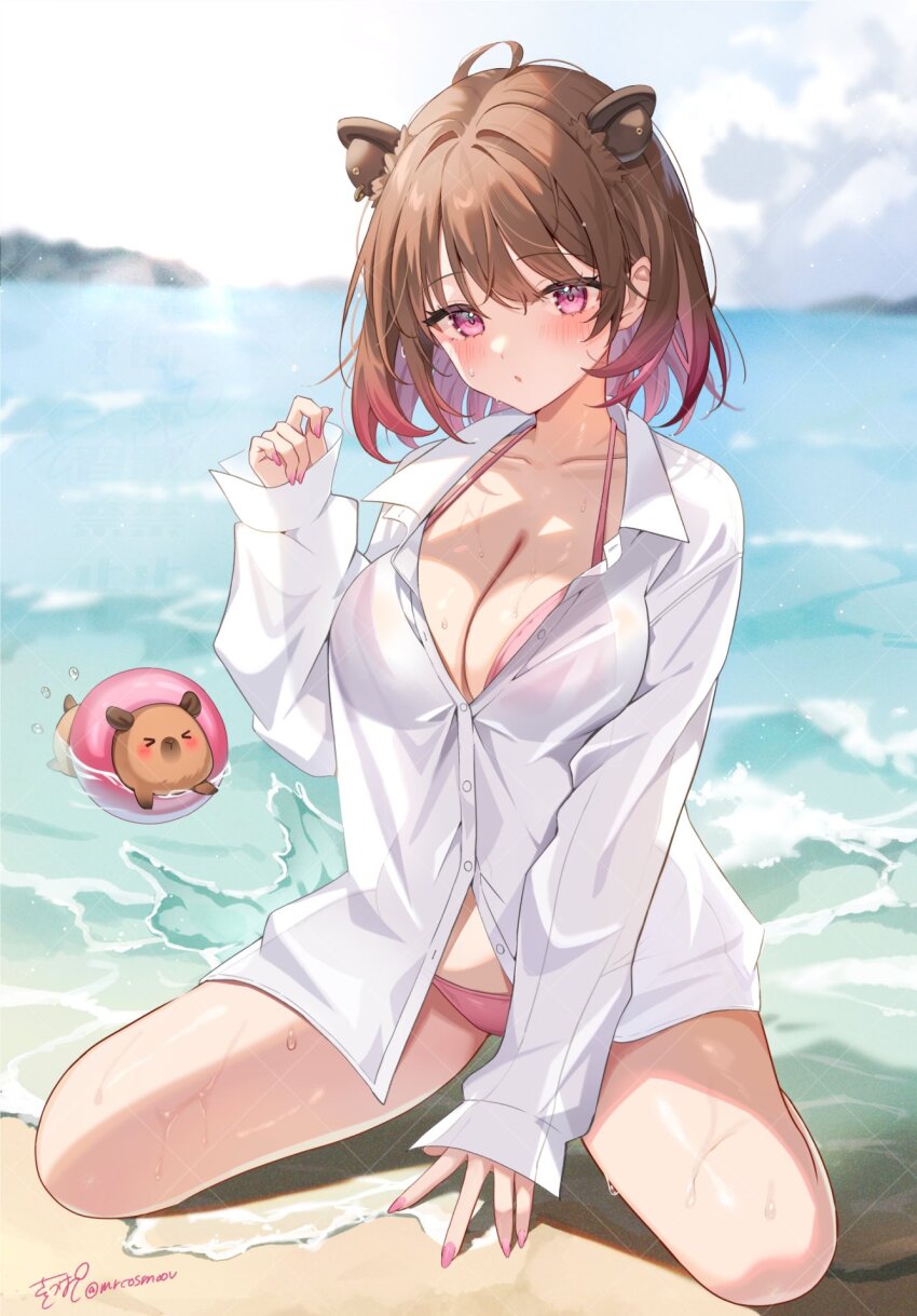 1girl animal_ear_piercing animal_ears animare beach bikini bikini_under_clothes blush breasts brown_hair buttons capybara capybara_ears cleavage collarbone collared_shirt commentary earrings full_body gradient_hair hand_up highres jewelry large_breasts long_sleeves looking_at_viewer multicolored_hair nail_polish nanashi_inc. ocean outdoors parted_lips pink_bikini pink_eyes pink_hair pink_nails satoupote shirt short_hair signature single_earring sitting solo swimsuit symbol-only_commentary twitter_username virtual_youtuber water wet white_shirt yunohara_izumi