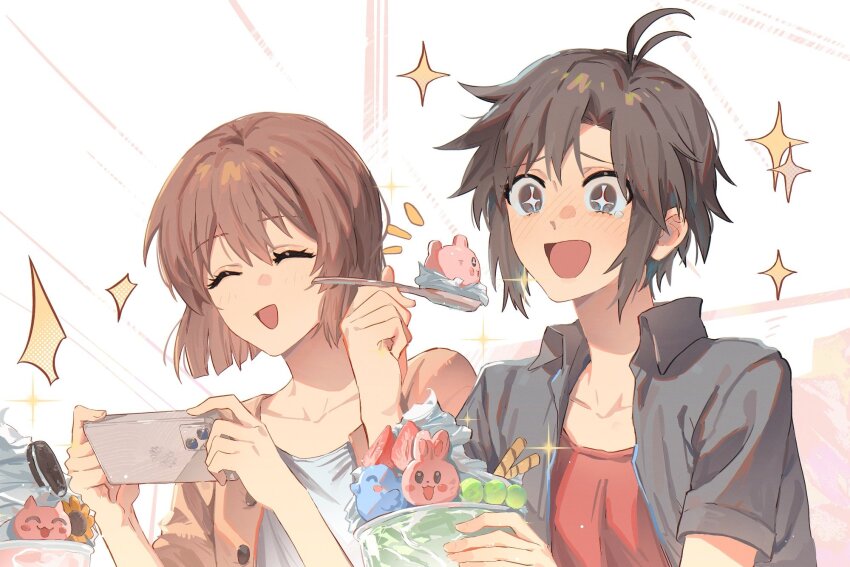 antenna_hair black_hair blush booth_seating cellphone closed_eyes eating grey_eyes grey_shirt hagiwara_yukiho highres holding holding_phone holding_spoon idolmaster idolmaster_(classic) kikuchi_makoto overshirt parted_bangs phone red_shirt shirt sidelocks smartphone smile spoon taking_picture white_shirt window yumi_xsh