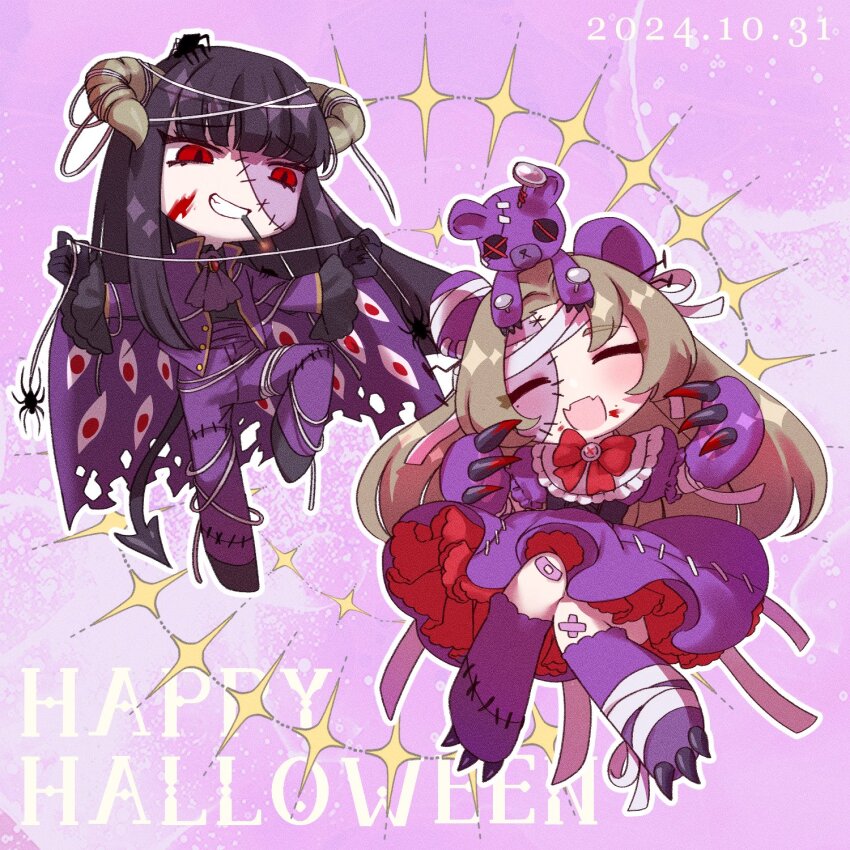 2girls :d alternate_costume animal_ears ascot bear_claws bear_ears black_gloves black_hair black_shoes blood blood_on_face blunt_bangs bow bowtie brown_hair capelet chibi claws demon_horns dress e.g.o_(project_moon) fangs full_body gloves happy_halloween hex_nail_(e.g.o) highres horns hurting_teddy_bear jacket limbus_company long_hair looking_at_another multiple_girls nail_(hardware) nail_hair_ornament open_mouth pants parted_bangs project_moon purple_ascot purple_background purple_dress purple_jacket purple_pants red_bow red_bowtie red_brooch red_eyes red_eyes_(e.g.o) rodion_(project_moon) ryoshu_(project_moon) shoes silk simple_background skin_fangs smile smoking spider_web standing stitched_face stitches white_capelet yue_doux