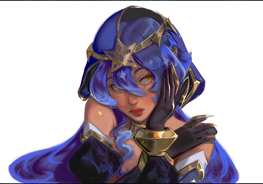 1girl armlet bellsadonnaaaa black_gloves blue_hair blue_hood blue_sleeves blush claw_ring closed_mouth commentary dark-skinned_female dark_skin detached_sleeves drill_hair drill_sidelocks english_commentary floating_hair genshin_impact gloves gold_trim hair_between_eyes hair_ornament hand_on_own_face hand_on_own_shoulder highres hood hood_up jewelry juliet_sleeves layla_(genshin_impact) long_hair long_sleeves looking_to_the_side portrait puffy_sleeves sidelocks simple_background solo star_(symbol) star_hair_ornament unfinished white_background yellow_eyes