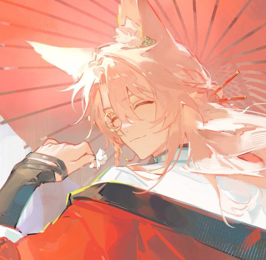 1boy ^_^ animal_ear_fluff cape chinese_clothes closed_eyes flower fox_boy fox_hair_ornament hair_between_eyes hair_ornament hair_stick holding holding_flower honkai:_star_rail honkai_(series) jiaoqiu_(honkai:_star_rail) long_hair male_focus monocle oil-paper_umbrella pink_hair red_cape renjian_shilian smile solo umbrella upper_body white_flower