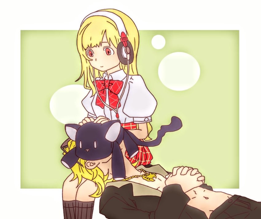 1boy 1girl black_jacket black_socks blonde_hair butterfly_necklace closed_mouth headphones highres jacket lap_pillow long_hair matsunae_tsugumi no_shirt nyantan open_clothes open_jacket plaid_clothes plaid_skirt red_eyes red_skirt school_uniform shiba_(ntwewy) shin_subarashiki_kono_sekai shirt_tucked_in sitting skirt smile socks stuffed_animal stuffed_cat stuffed_toy subarashiki_kono_sekai suit_jacket