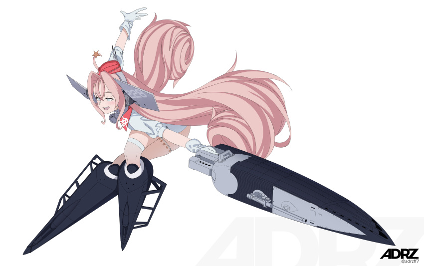 1girl absurdres adrzff7 artist_name ballet_boots bell coat drum_(kancolle) full_body garrison_cap gloves grey_eyes hair_rings hat highres kantai_collection long_hair machinery neck_bell pink_hair red_hat simple_background skull_print solo very_long_hair white_background white_coat white_gloves