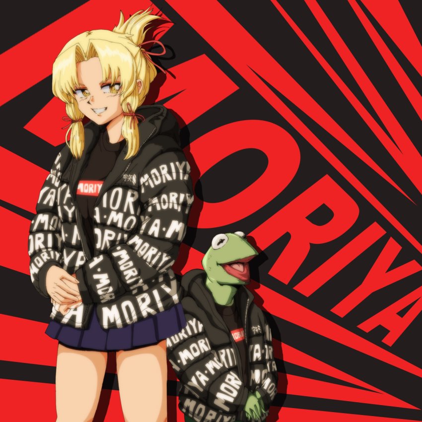 1boy 1girl alternate_costume black_shirt blonde_hair crossover drip_(meme) english_text hair_ribbon unworn_headwear highres hood hoodie kermit_the_frog looking_to_the_side meme miniskirt moriya_suwako muppets retro_artstyle ribbon shirt skirt smile step_arts thighs touhou yellow_eyes
