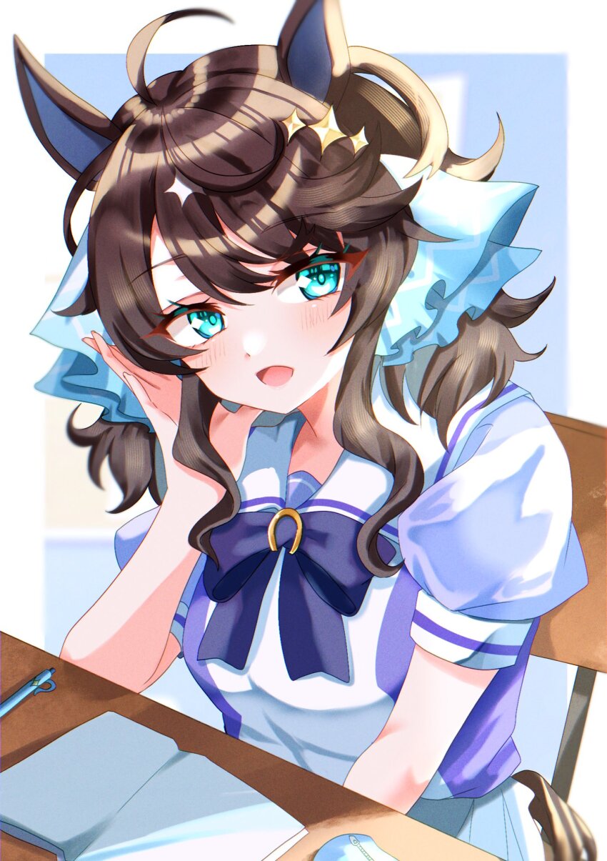 1girl ahoge animal_ears blush breasts chair commentary_request daring_tact_(umamusume) disney_o626 hair_between_eyes hair_ornament highres horse_girl looking_at_viewer medium_breasts notebook open_mouth pen portrait school_uniform simple_background sitting solo star_(symbol) star_hair_ornament tracen_school_uniform umamusume white_background