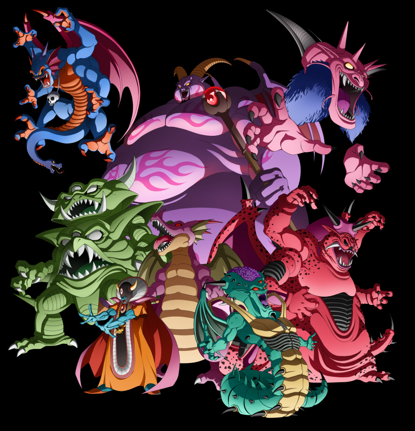 6+boys absurdres bat_wings black_background black_sclera blue_skin brain cape colored_sclera colored_skin commentary_request death_pisaro disembodied_hand dragon dragon_lord dragon_quest dragon_quest_i dragon_quest_ii dragon_quest_iii dragon_quest_iv dragon_quest_v dragon_quest_vi dragon_quest_vii dragon_quest_viii exposed_brain extra_arms facial_hair fake_horns fingernails fins floating_head head_fins helmet highres holding holding_staff horned_helmet horns jewelry kamakiri mildrath monster monster_focus mortamor multiple_boys necklace no_humans no_pupils open_mouth orange_robe orgo_demira pink_cape pointy_ears red_sclera rhapthorne robe sharp_fingernails sharp_teeth sidoh skull_necklace snake_tail spikes staff tail teeth third_eye tongue tongue_out wings yellow_sclera zoma