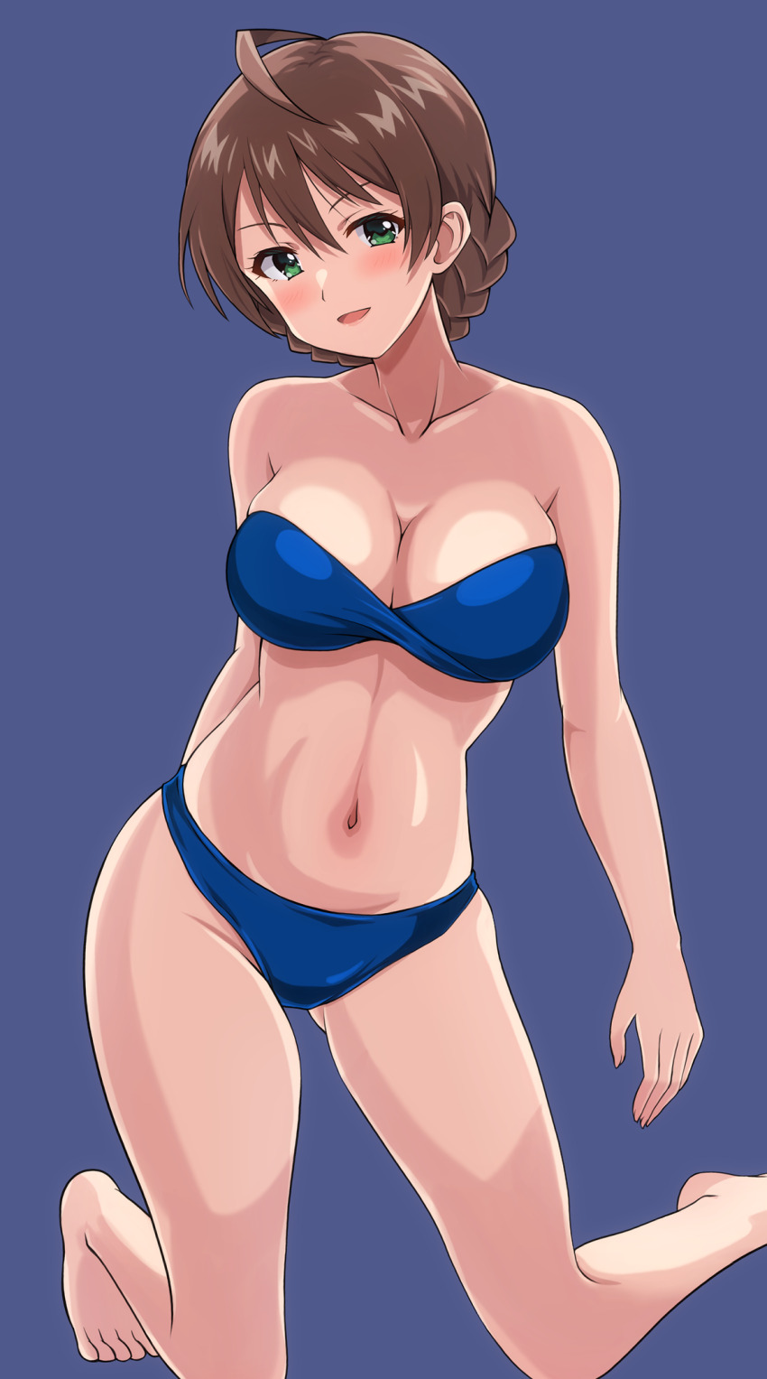 1girl ahoge barefoot bikini blue_bikini braid breasts brown_hair cleavage collarbone full_body green_eyes highres idolmaster idolmaster_million_live! kneeling large_breasts looking_at_viewer nape_braid navel sakuramori_kaori short_hair smile solo strapless strapless_bikini swimsuit ten-ly
