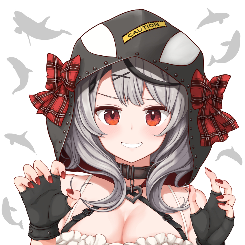 1girl animal_hood bare_shoulders black_gloves black_hair bow breasts brown_collar buckle camisole caution claw_pose cleavage collar commentary_request fingerless_gloves frilled_camisole frills gloves grey_hair grin hair_ornament hands_up heart heart_collar highres hololive hood hood_up looking_at_viewer medium_breasts medium_hair multicolored_hair nail_polish orca_hood patyu3 plaid_bow red_bow red_eyes red_nails sakamata_chloe sidelocks smile solo streaked_hair swept_bangs upper_body virtual_youtuber white_background white_camisole x_hair_ornament