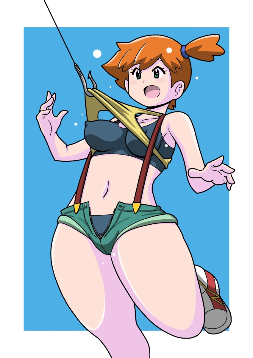 1girl back bare_arms bare_shoulders blush breasts denim denim_shorts female_focus gym_leader hair_tie highres koutarosu large_breasts legs miniskirt misty_(pokemon) nintendo nipples open_mouth orange_hair pokemon pokemon_(anime) pokemon_(classic_anime) ponytail shirt shoes short shorts side_ponytail simple_background skirt sleeveless sneakers solo suspenders sweat sweatdrop tank_top thick_thighs thighs white_background wide_hips yellow_shirt