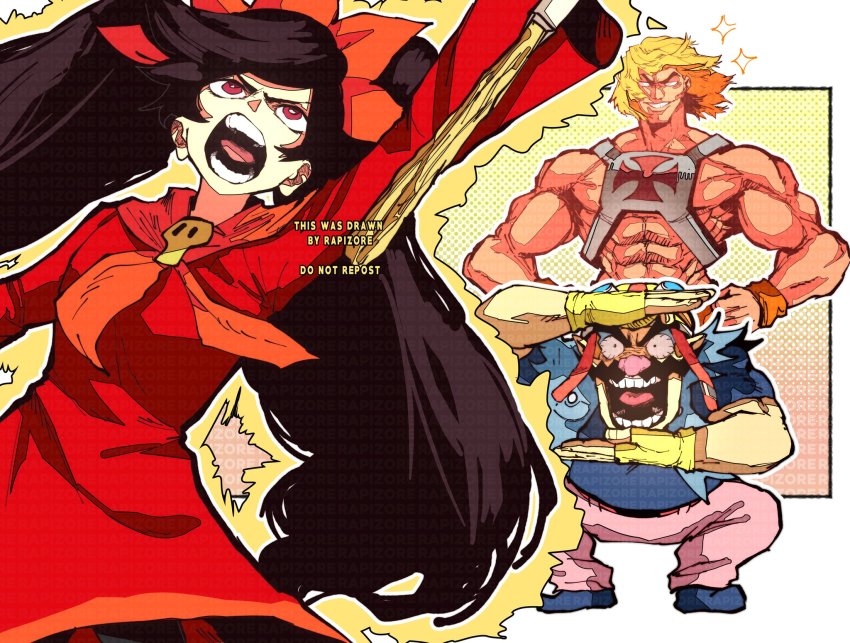 1girl 2boys artist_name ashley_(warioware) black_hair blonde_hair bonesaw_(rdkshinku) breasts crossover facial_hair fat fat_man gloves grin he-man highres long_hair masters_of_the_universe multiple_boys muscular mustache nintendo red_eyes red_skirt skirt smile super_smash_bros. twintails wario warioware watermark witch