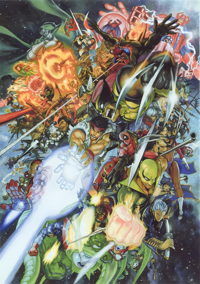 6+boys 6+girls absurdres ace_attorney akuma_(street_fighter) albert_wesker amaterasu_(ookami) archery arm_blade armor arrow_(projectile) aura avengers_(series) baseball_bat bat_wings bionic_commando bird black_hair blonde_hair bow_(weapon) bracelet breasts brown_hair bruce_banner bun_cover capcom captain_america chris_redfield chun-li claws cleavage clenched_hands clenched_teeth colored_skin commentary company_connection crimson_viper crossed_arms crossover dante_(devil_may_cry) dead_rising deadpool deadpool_(series) devil_may_cry_(series) doctor_doom doctor_strange dormammu dual_wielding electricity everyone facial_hair fantastic_four felicia_(darkstalkers) final_fight fire firebrand formal_clothes frank_west full_armor galactus ghost_rider gloves green_skin grin gun hadouken hammer handgun hawkeye_(marvel) headband helmet highres holding holding_lead_pipe holding_shield holding_sword holding_weapon hulk iron_fist_(marvel) iron_man jean_grey jennifer_walters jewelry jill_valentine katana kicking lance large_breasts lead_pipe hsien-ko long_hair magic magneto makaimura marvel marvel_vs._capcom marvel_vs._capcom_3 medium_breasts mega_man_(series) mega_man_legends_(series) mega_man_x_(series) mega_man_zero_(series) mike_haggar mjolnir_(marvel) modok morrigan_aensland motor_vehicle motorcycle multiple_boys multiple_crossover multiple_girls murata_yuusuke muscular nathan_spencer necktie nemesis_(resident_evil) nova_(marvel) official_art ookami_(game) pelvic_curtain phoenix phoenix_(x-men) phoenix_wright pointing polearm ponytail pouch power_armor quiver red_arremer red_hair resident_evil robot rocket_raccoon ryu_(street_fighter) sentinel_(x-men) servbot_(mega_man) she-hulk sheath shield short_hair shuma_gorath sir_arthur_(makaimura) skrull smile spider-man spider-man_(series) spiked_bracelet spikes steve_rogers storm_(x-men) street_fighter extendable_limbs strider_(video_game) strider_hiryuu stubble suit super-skrull superhero_costume sword taskmaster teeth tentacles third-party_source thor_(marvel) tony_stark trish_(devil_may_cry) tron_bonne_(mega_man) unsheathing darkstalkers veins vergil_(devil_may_cry) viewtiful_joe viewtiful_joe_(character) weapon white_hair wings wolverine_(x-men) wristband x-23 x-men zero_(mega_man)