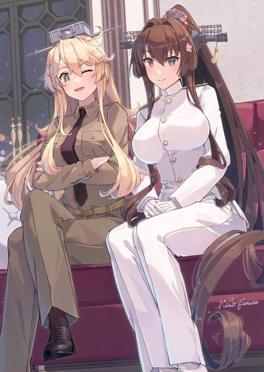 2girls alternate_costume belt black_necktie blonde_hair blue_eyes breast_pocket breasts brown_belt brown_hair brown_pants brown_shirt collared_shirt crossed_arms crossed_legs gloves hair_intakes headgear highres himeyamato indoors iowa_(kancolle) jacket kantai_collection large_breasts long_hair military military_uniform multiple_girls naval_uniform naval_working_uniform necktie one_eye_closed pants pocket red_eyes shirt sidelocks star-shaped_pupils star_(symbol) symbol-shaped_pupils very_long_hair white_gloves white_jacket white_pants yamato_(kancolle)