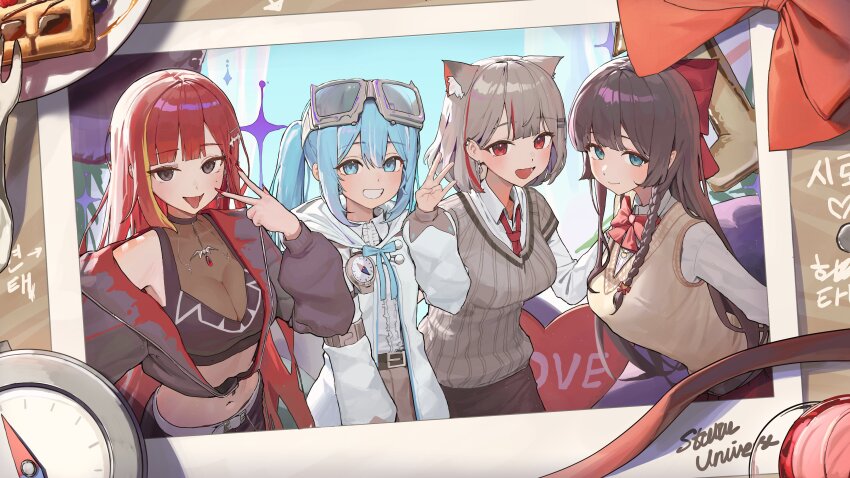 4girls absurdres akane_lize animal_ear_fluff animal_ears arahashi_tabi belt black_jacket blue_eyes blue_hair blue_ribbon blueberry blunt_bangs bow braid brown_eyes brown_hair compass dress_shirt earrings fake_photograph food fruit goggles goggles_on_head grey_hair grin hair_between_eyes hair_bow hair_ornament hairclip heart highres jacket jewelry korean_text long_hair looking_at_viewer lovelyme maple_syrup multicolored_hair multiple_girls navel necklace necktie neneko_mashiro open_mouth plate raspberry red_bow red_eyes red_hair red_necktie red_ribbon ribbon shirayuki_hina shirt short_hair single_braid smile stellive streaked_hair sweater tongue tongue_out twintails very_long_hair w waffle white_jacket white_shirt