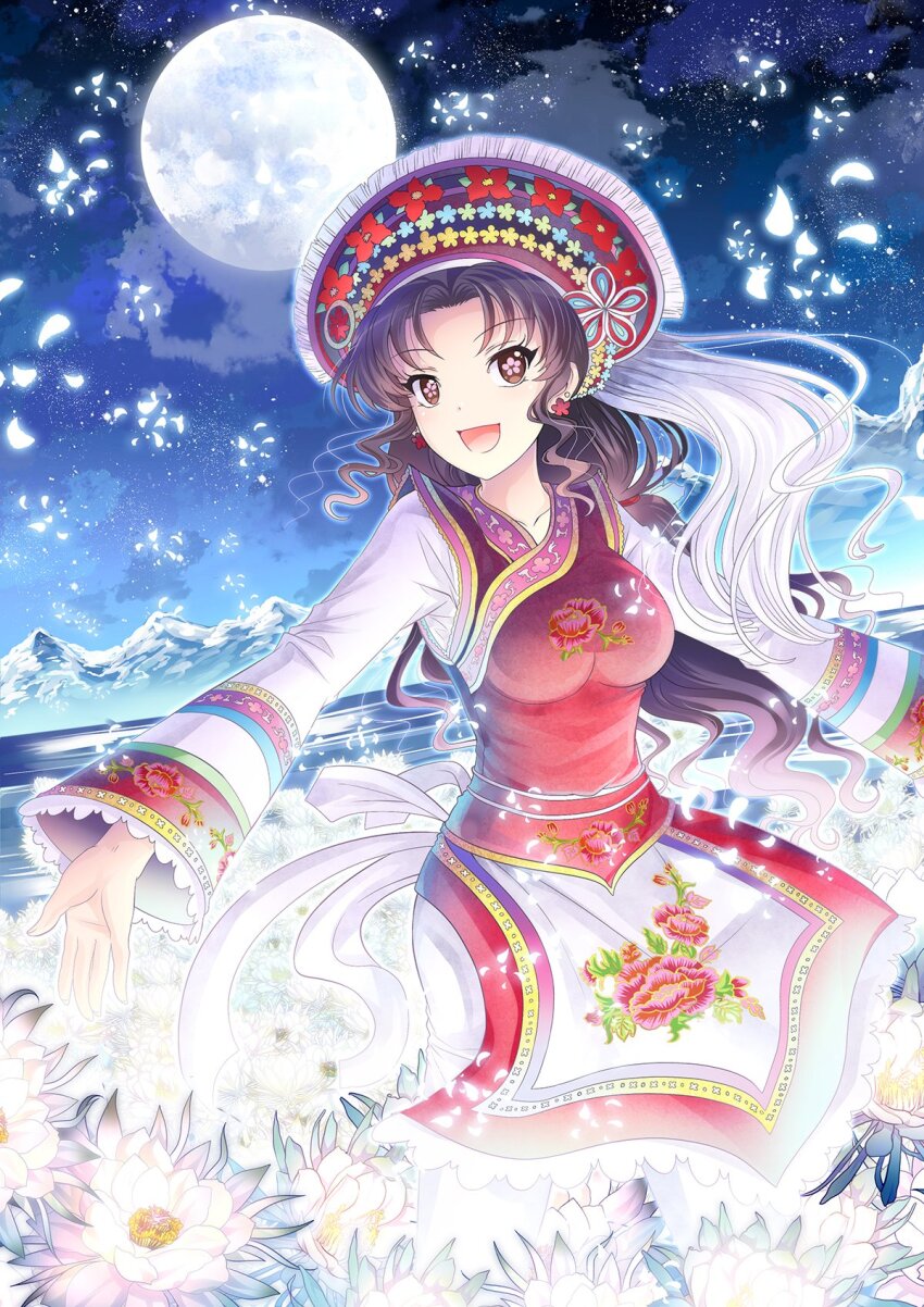 1girl :d bai_clothes black_hair breasts brown_eyes china_comic cloud cowboy_shot curtained_hair dress earrings fake_hair falling_petals field floral_print flower flower-shaped_pupils flower_earrings flower_field full_moon glowing glowing_flower glowing_petals happy headdress highres impossible_clothes jewelry layered_clothes long_hair long_sleeves medium_breasts middle_part moon mountainous_horizon night night_sky open_hand open_mouth original outstretched_arms petals pink_pupils ponytail shirt_under_dress sidelocks sky sleeveless sleeveless_dress smile solo split_mouth standing star_(sky) starry_sky symbol-shaped_pupils underlighting very_long_hair wavy_sidelocks white_flower white_sleeves wide_sleeves yellow_trim