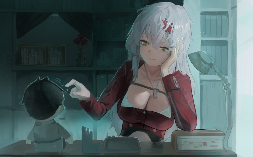 1girl book breasts character_doll cleavage commander_(nikke) dog_tags goddess_of_victory:_nikke grey_hair highres indoors jacket large_breasts long_hair messy_hair red_jacket solo udcw4522 yellow_eyes yulha_(nikke)