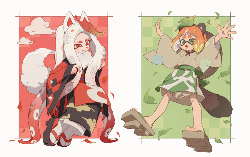 2girls :p absurdly_long_hair absurdres animal_ear_hairband animal_ears apron arms_up black_kimono brown_hairband brown_kimono closed_mouth cloud_print colored_extremities colored_eyelashes extra_ears fake_animal_ears falling_leaves fangs fingernails fox_ears fox_girl fox_tail full_body fur-trimmed_kimono fur_trim geta gradient_hair green_apron green_eyes green_hair hairband haori hat_on_back highres holding holding_own_hair inkling inkling_girl inkling_player_character japanese_clothes kimono leaf leaf_on_head long_hair long_sleeves medium_hair multicolored_hair multiple_girls nintendo obi obijime octoling octoling_girl octoling_player_character open_hands open_mouth orange_hair parted_bangs print_kimono raccoon_ears raccoon_girl raccoon_tail red_eyes red_hair red_haori sash sharp_fingernails short_kimono splatoon_(series) surume01417 tabi tail tentacle_hair thick_eyebrows tongue tongue_out two-tone_hair very_long_hair white_hair wide_sleeves