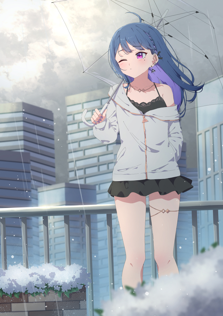 1girl absurdres akashi_(4kc_27) barbell_piercing black_camisole black_skirt blue_hair braid building camisole city colored_inner_hair diamond-shaped_pupils diamond_(shape) earrings highres holding holding_umbrella jacket jewelry koshimizu_toru koshimizu_toru_(2nd_costume) long_hair long_sleeves miniskirt mole mole_under_eye multicolored_hair necklace nijisanji off_shoulder official_alternate_hairstyle one_eye_closed outdoors overcast piercing plant pleated_skirt potted_plant purple_eyes purple_nails railing rain side_braid single_bare_shoulder skirt sky solo symbol-shaped_pupils thighlet transparent transparent_umbrella triangle_earrings umbrella virtual_youtuber white_jacket wince wind zipper_pull_tab