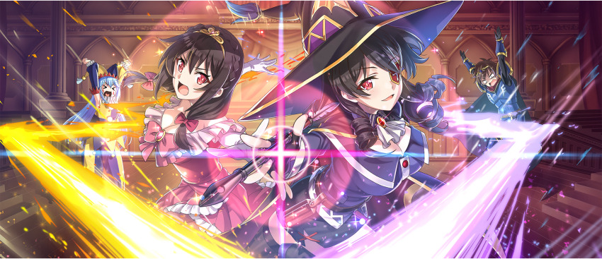 &gt;_&lt; 1boy 3girls aqua_(konosuba) armor arms_up arue_(konosuba) ascot asymmetrical_sleeves black_gloves black_hat black_skirt blue_armor blue_hair blue_sleeves bow braid breasts brown_hair cleavage cleavage_cutout clothing_cutout cosplay crown_braid detached_sleeves dress dress_bow drill_hair drill_sidelocks elbow_gloves eyepatch fingerless_gloves game_cg gloves hair_between_eyes hair_bow hat highres holding holding_pen jester jester_cap kono_subarashii_sekai_ni_shukufuku_wo! konosuba!_fantastic_days large_breasts light_smile long_hair looking_at_viewer low_twintails mismatched_sleeves mitsurugi_kyouya mitsurugi_kyouya_(cosplay) multiple_girls neck_ruff nib_pen_(object) off-shoulder_dress off_shoulder official_alternate_costume official_art open_mouth outstretched_arms pen pink_bow pink_dress red_brooch red_eyes satou_kazuma short_hair side_slit sidelocks skirt tiara twintails v-shaped_eyebrows white_ascot white_gloves witch_hat yellow_sleeves yunyun_(konosuba)
