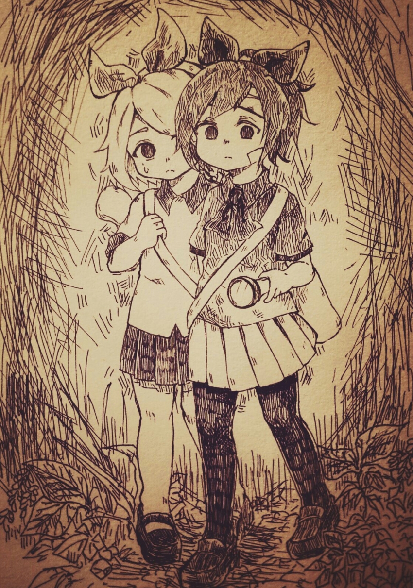2girls 3kakuyuusha bag bandages flashlight grass hair_ribbon haru_(yomawari) highres holding holding_flashlight holding_hands multiple_girls outdoors pleated_skirt ponytail ribbon shin_yomawari shirt shoulder_bag skirt traditional_media white_shirt yomawari_(series) yui_(yomawari)