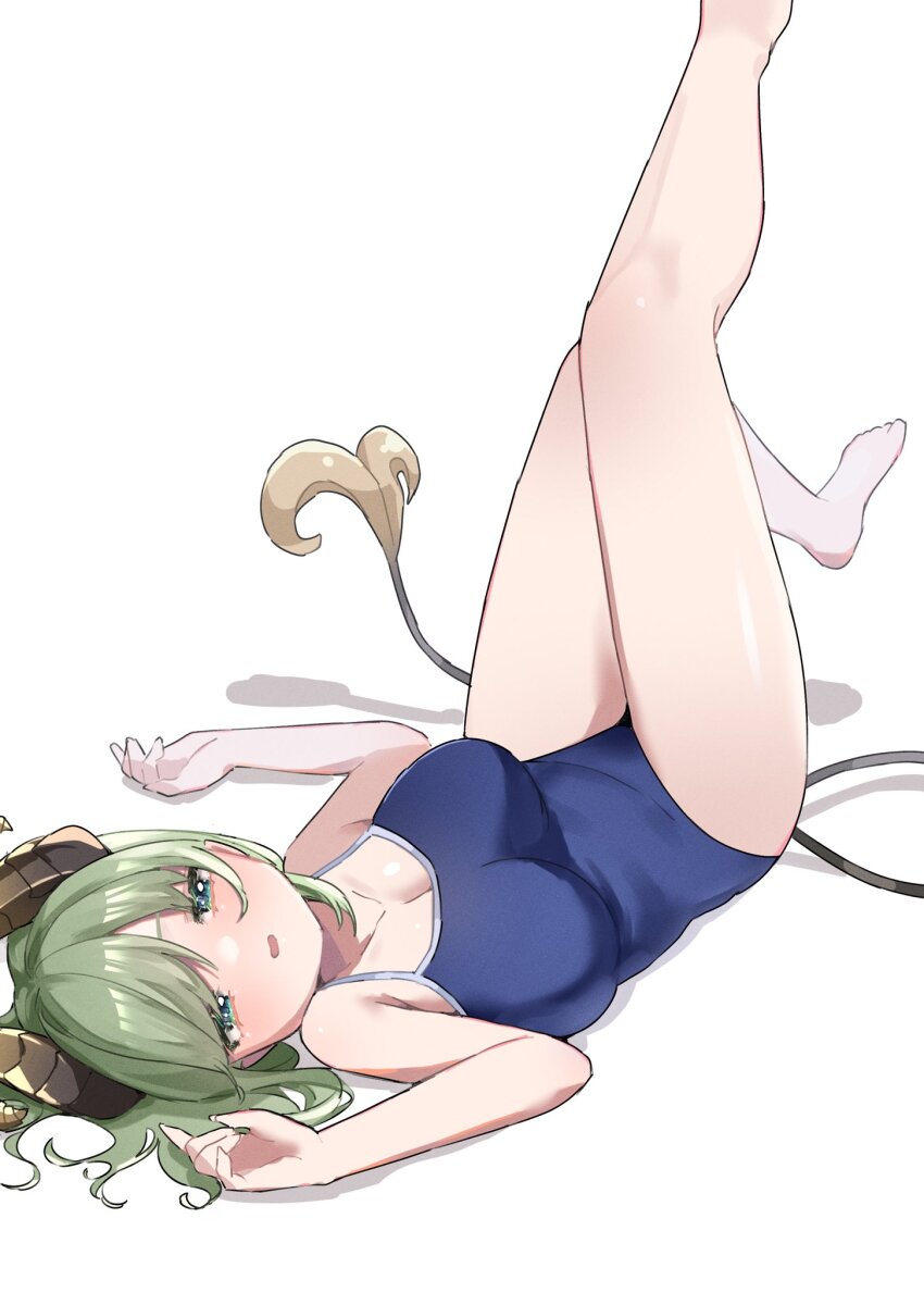 1girl alternate_costume barefoot blue_eyes blue_one-piece_swimsuit blush breasts brown_horns cleavage commentary_request curled_horns demon_girl demon_horns demon_tail foot_up full_body half-closed_eyes highres horns kicking knee_up large_breasts leg_up legs looking_at_viewer lying nanashi_inc. on_back one-piece_swimsuit open_mouth sekishiro_mico shiny_skin simple_background smile solo swimsuit tail tamotsu_(mary) virtual_youtuber white_background