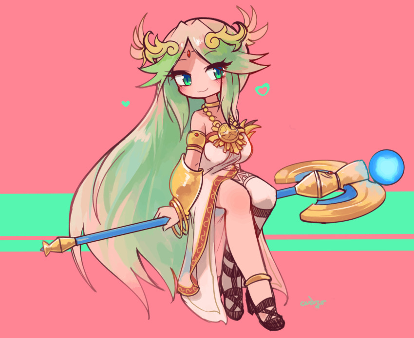 1girl ceroro chain circlet commission full_body gold_chain green_eyes green_hair heart highres holding holding_staff kid_icarus kid_icarus_uprising long_hair nintendo palutena pink_background pink_theme signature single_thighhigh solo staff thighhighs very_long_hair white_thighhighs