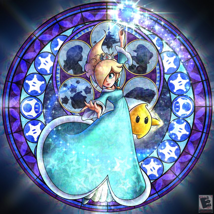 1girl amyroser black_eyes blonde_hair blue_dress blue_eyes commentary crown dive_to_the_heart dress earrings english_commentary floating_hair hair_over_one_eye highres holding holding_wand hungry_luma_(super_mario_galaxy) jewelry kingdom_hearts looking_down lubba luma_(mario) mario mario_(series) medium_hair nintendo open_hand parody princess_peach rosalina silhouette solo_focus stained_glass super_star_(mario) super_mario_galaxy super_mario_galaxy_2 super_mushroom super_smash_bros. v-shaped_eyebrows wand watermark