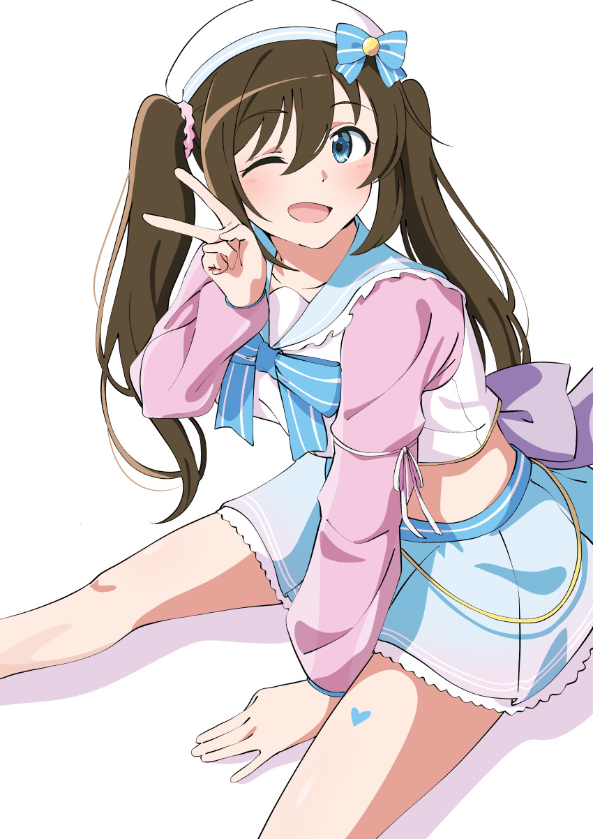 1girl ;d absurdres blue_bow blue_bowtie blue_hair blue_skirt bow bowtie brown_hair collarbone commentary crop_top cropped_shirt feet_out_of_frame hat hat_bow highres long_hair long_sleeves looking_at_viewer love_live! love_live!_nijigasaki_high_school_idol_club love_live!_series_official_card_game midriff miniskirt one_eye_closed open_mouth osaka_shizuku pink_shirt pinstripe_bow pleated_skirt sailor_hat shirt skirt sleeveless sleeveless_shirt smile solo twintails uchuu_no_mozuku v white_hat white_shirt