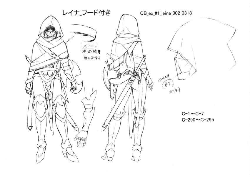 1girl absurdres armor ass braid breastplate breasts buckle reference_sheet cleavage disguise expressionless female_focus full_body hairband highres hisayuki_hirokazu hood leina_(queen&#039;s_blade) monochrome mouth_veil multiple_views official_art queen&#039;s_blade revealing_clothes scan shaded_face shield shiny_skin smile standing sword thong twin_braids veil weapon wide_hips