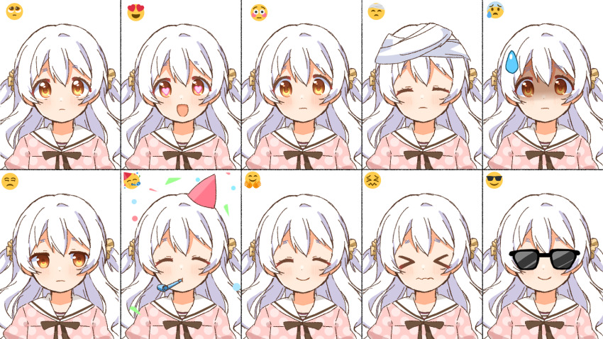 &gt;_&lt; 1girl ^_^ bandaged_head bandages black-framed_eyewear bow bowtie brown_bow brown_bowtie closed_eyes closed_mouth commentary_request confetti dot_nose dress emoji expressionless multiple_expressions eyelashes flustered frown glasses hair_ornament hair_scrunchie happy hat heart heart_in_eye highres jitome light_blush light_frown long_hair looking_at_viewer mahou_shoujo_madoka_magica mahou_shoujo_madoka_magica:_hangyaku_no_monogatari momoe_nagisa mouth_hold opaque_glasses open_mouth orange_eyes party_hat pink_dress polka_dot polka_dot_dress puffy_short_sleeves puffy_sleeves red_hat ruru_(rurumagi) sailor_collar sailor_dress scrunchie shaded_face short_sleeves simple_background smile sunglasses sweatdrop symbol_in_eye tareme two_side_up unamused upper_body variations wavy_hair wavy_mouth white_background white_hair white_sailor_collar wide-eyed yellow_scrunchie