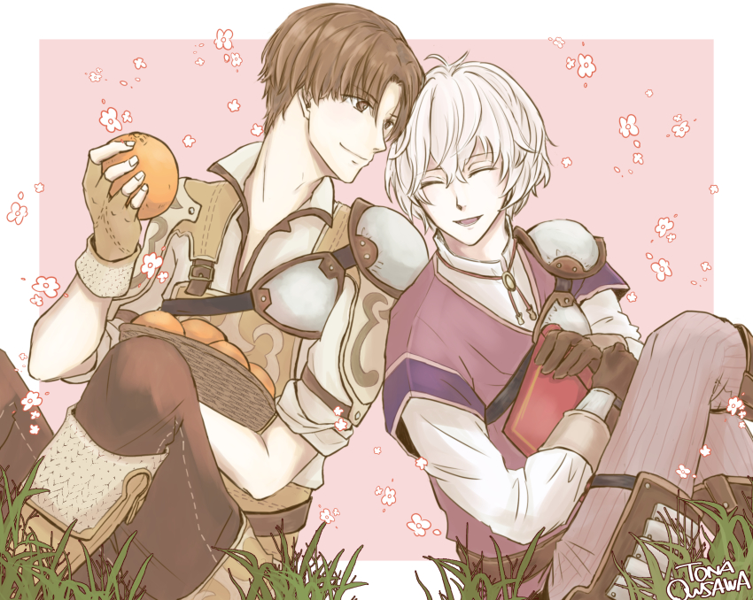 2boys artist_name belt book boots brown_eyes brown_hair closed_eyes fingerless_gloves fire_emblem fire_emblem_echoes:_shadows_of_valentia flower food fruit gloves grass highres kliff_(fire_emblem) male_focus multiple_boys nintendo open_mouth orange_(fruit) sitting teeth tobin_(fire_emblem) white_hair