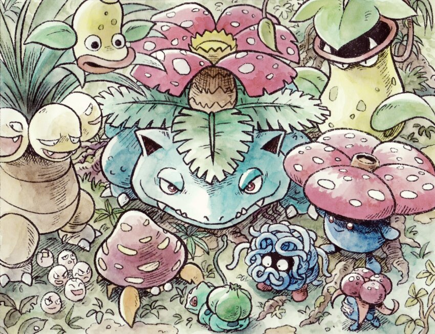 :d bulbasaur closed_eyes closed_mouth exeggcute exeggutor fangs flower game_freak gen_1_pokemon gloom_(pokemon) highres leaf multiple_heads nature nintendo no_humans open_mouth outdoors parasect pokemon pokemon_(creature) pokemon_focus red_eyes red_flower smile tangela uninori venusaur victreebel vileplume weepinbell
