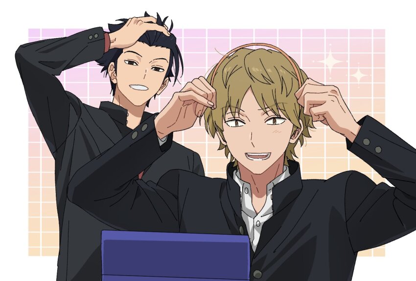 2boys arms_up black_eyes black_hair black_jacket brown_eyes brown_hair hair_slicked_back hairband holding holding_hairband izumi_kouhei jacket long_sleeves looking_at_viewer male_focus multiple_boys nocchan_chicchi open_mouth orange_hairband school_uniform short_hair smile upper_body v-shaped_eyebrows world_trigger yoneya_yousuke