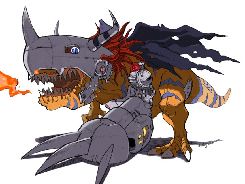 analog_boy02 blue_eyes breath_weapon breathing_fire cyborg digimon digimon_(creature) dinosaur fire helmet highres horns mechanical_arms metalgreymon no_humans orange_scales red_hair sharp_teeth single_mechanical_arm solo teeth torn_wings white_background wings