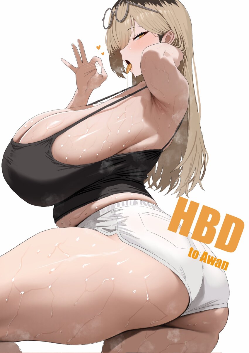 1girl arched_back armpits ass bare_arms bare_shoulders black_camisole blonde_hair borrowed_character breasts camisole colored_tongue commentary cowboy_shot english_text eyewear_on_head fellatio_gesture from_side glasses hair_over_one_eye hand_in_own_hair hands_up happy_birthday highres huge_breasts light_blush long_hair looking_at_viewer midriff open_mouth original round_eyewear saliva saliva_trail short_shorts shorts sideboob sideways_glance simple_background solo strap_gap sweat swept_bangs tenko_(dos_704277) thick_thighs thighs tongue tongue_out very_sweaty white_background white_shorts yellow_eyes yellow_tongue
