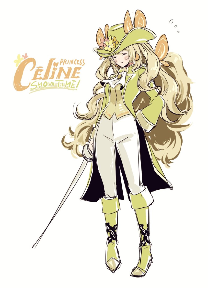 1girl adapted_costume alternate_costume ascot blonde_hair boots celine_(fire_emblem) closed_eyes closed_mouth commentary commentary_request cosplay english_commentary english_text epee fire_emblem fire_emblem_engage full_body green_hat hat highres holding holding_sword holding_weapon long_hair mario_(series) mixed-language_commentary nintendo pants princess_peach princess_peach:_showtime! princess_peach_(cosplay) simple_background smile solo sword swordfighter_peach umi_(_oneinchswing) very_long_hair weapon white_background white_pants