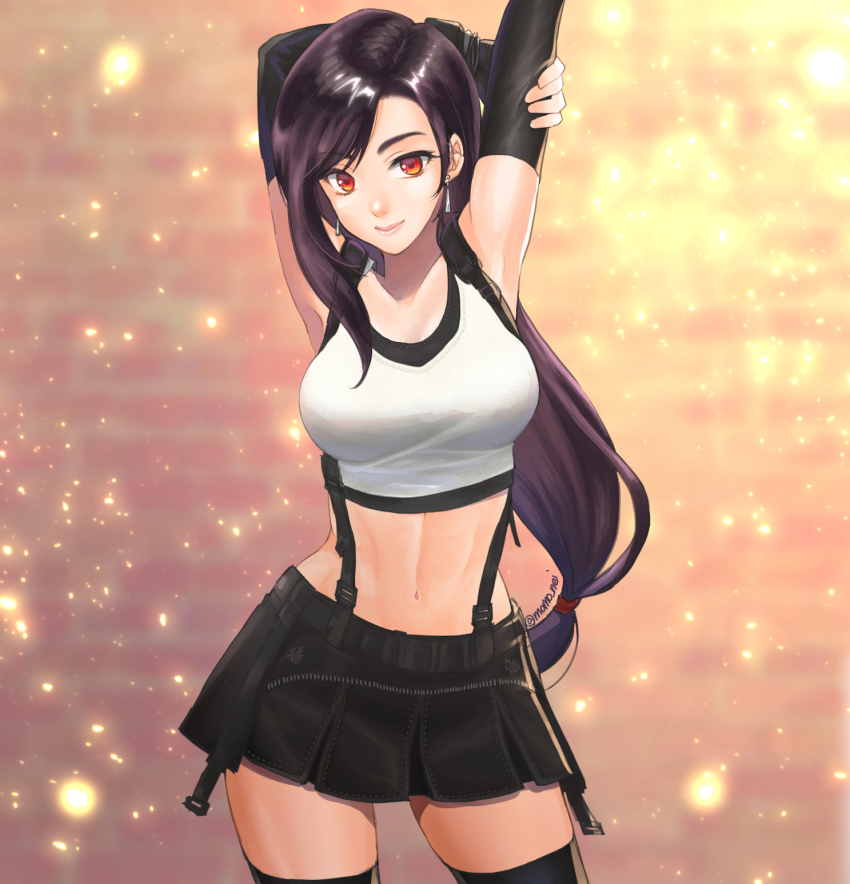 1girl arm_behind_back arms_up artist_name black_gloves black_skirt black_thighhighs breasts collarbone cowboy_shot crop_top earrings elbow_gloves final_fantasy final_fantasy_vii final_fantasy_vii_remake floating_earrings gloves highres jewelry large_breasts long_hair looking_at_viewer low-tied_long_hair midriff momo_nei navel red_eyes skirt smile solo stretching suspender_skirt suspenders swept_bangs tank_top thighhighs thighs tifa_lockhart twitter_username white_tank_top zettai_ryouiki