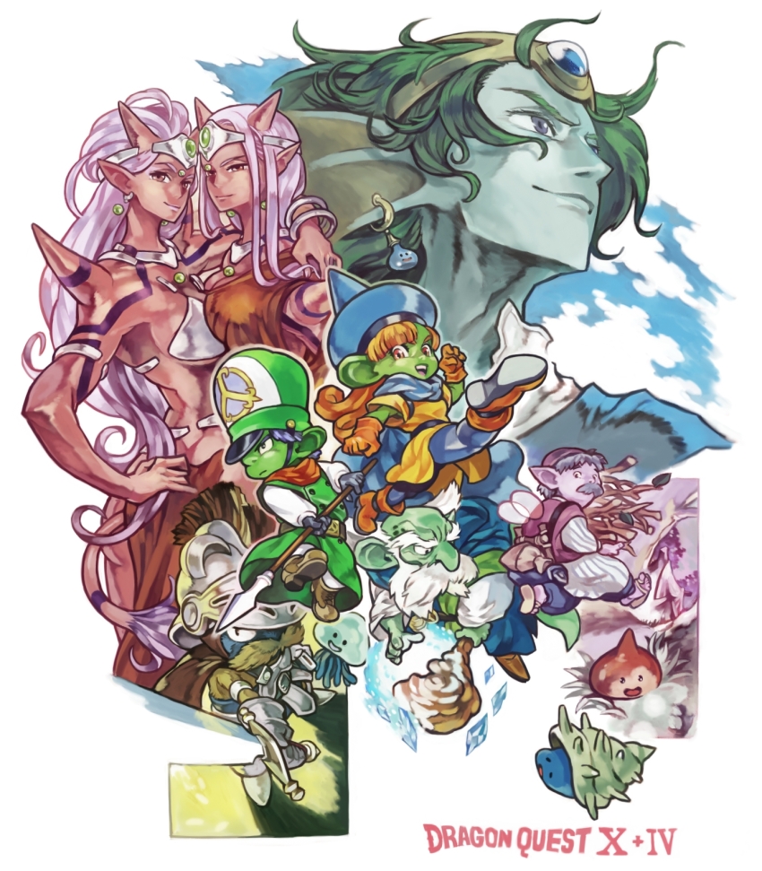 3girls 3others 4boys aburaya_tonbi alena_(dq4) alena_(dq4)_(cosplay) aqua_skin arm_around_shoulder armlet armor balding blonde_facial_hair blue_cape blue_fur blue_gemstone blue_hair blue_hat blue_pants blue_robe blunt_ends boots breasts brey brey_(cosplay) brown_cape cape circlet cleavage clift clift_(cosplay) coat colored_skin copyright_name cosplay cryokinesis curly_hair dragon_quest dragon_quest_iv dragon_quest_x dwarf_(dq10) earrings elf_(dq10) facial_hair fairy_wings fins fish_boy floating_hair forehead_jewel gem gloves green_coat green_gemstone green_hair hat head_fins headpiece helmet hero_(dq4) hero_(dq4)_(cosplay) highres holding holding_polearm holding_staff holding_sword holding_weapon horns in-franchise_crossover jewelry kicking knight large_ears liver_spots long_hair man_o&#039;_war_(dragon_quest) manya_(dq4) manya_(dq4)_(cosplay) marine_slime metal_bikini minea_(dq4) minea_(dq4)_(cosplay) mitre multiple_boys multiple_girls multiple_others mustache ogre_(dq10) old old_man orange_boots orange_eyes orange_gloves orange_hair orange_robe overcoat pants parted_hair pelvic_curtain pink_skin pointy_ears polearm puklipo purple_eyes purple_hair red_eyes red_horns red_skin robe ryan_(dq4) ryan_(dq4)_(cosplay) she-slime short_hair shoulder_spikes silver_armlet silver_circlet slime_(dragon_quest) spear sphere_earrings spikes staff sticks striped_clothes sword tail torneko torneko_(cosplay) tunic weapon weddie_(dq10) white_facial_hair white_hair wings yellow_fur yellow_tunic